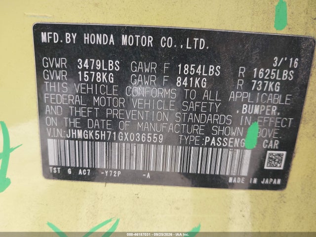 Продаж на аукціоні авто 2016 Honda Fit Ex, vin: JHMGK5H71GX036559, номер лоту: 46187031