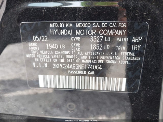 46187043 :رقم المزاد ، 3KPC24A65NE174064 vin ، 2022 Hyundai Accent Se مزاد بيع