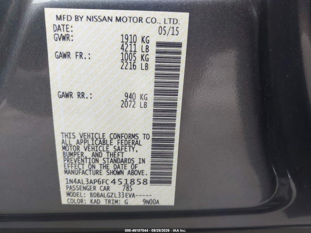 Aukcja sprzedaży 2015 Nissan Altima 2.5/2.5 S/2.5 Sl/2.5 Sv, vin: 1N4AL3AP6FC451858, numer aukcji: 46187044