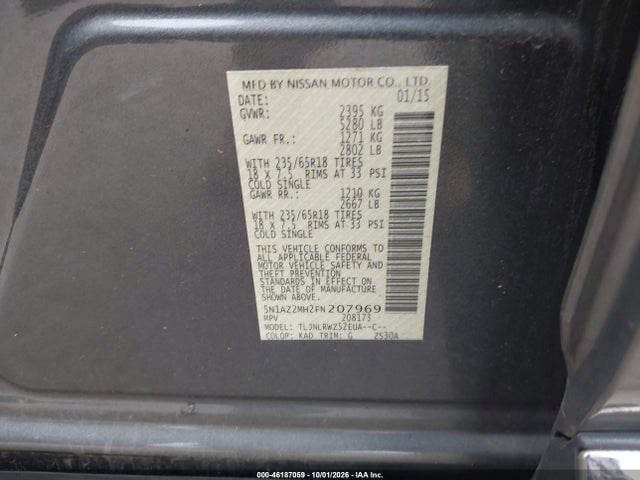 46187059 :رقم المزاد ، 5N1AZ2MH2FN207969 vin ، 2015 Nissan Murano Sl مزاد بيع