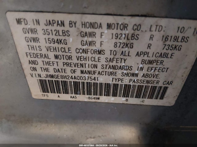 Продаж на аукціоні авто 2010 Honda Fit, vin: JHMGE8H24AC037541, номер лоту: 46187064