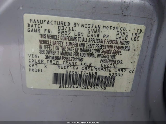 46187067 :رقم المزاد ، 3N1AB6AP2BL701158 vin ، 2011 Nissan Sentra 2.0s مزاد بيع