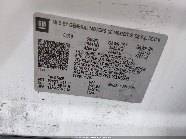 46187068 :رقم المزاد ، 3GNCJLSB7KL319029 vin ، 2019 Chevrolet Trax Lt مزاد بيع