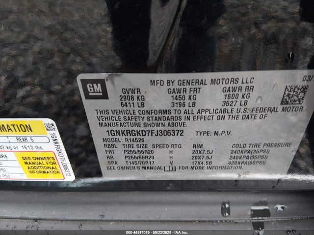 46187069 :رقم المزاد ، 1GNKRGKD7FJ306372 vin ، 2015 Chevrolet Traverse 1lt مزاد بيع