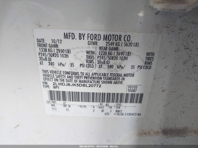 Продажа на аукционе авто 2013 Lincoln Mkx, vin: 2LMDJ8JK5DBL20772, номер лота: 46187074