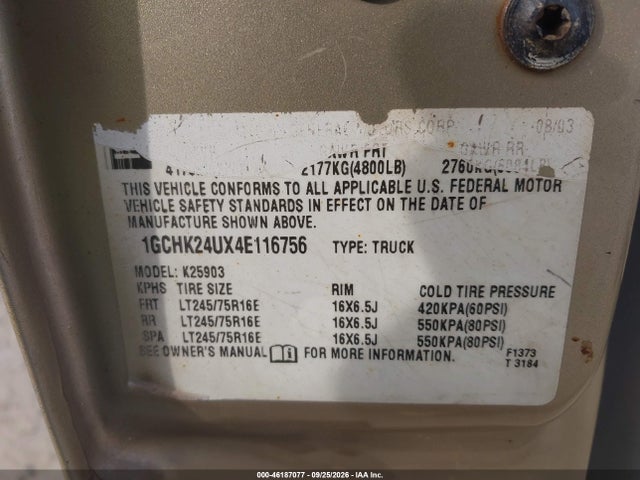 46187077 :رقم المزاد ، 1GCHK24UX4E116756 vin ، 2004 Chevrolet Silverado 2500hd Work Truck مزاد بيع