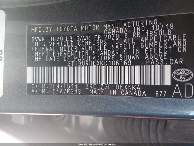 Продажа на аукционе авто 2019 Toyota Corolla L/le/xle/se/xse, vin: 2T1BURHEXKC186169, номер лота: 46187078