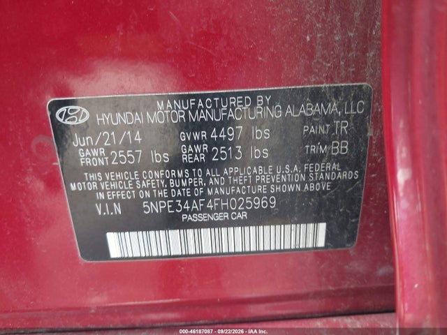2015 Hyundai Sonata 2.4l Limited მანქანა იყიდება აუქციონზე, vin: 5NPE34AF4FH025969, აუქციონის ნომერი: 46187087