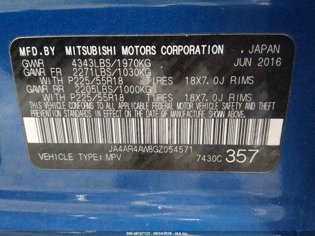 46187122 :رقم المزاد ، JA4AR4AW8GZ054571 vin ، 2016 Mitsubishi Outlander Sport 2.4 Sel مزاد بيع