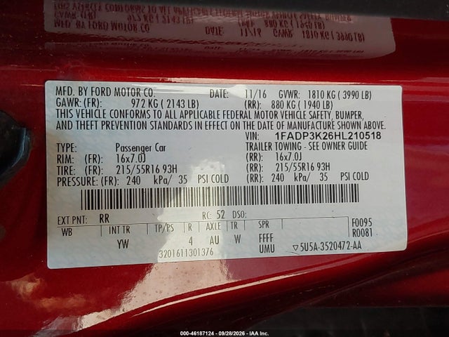 46187124 :رقم المزاد ، 1FADP3K26HL210518 vin ، 2017 Ford Focus Se مزاد بيع