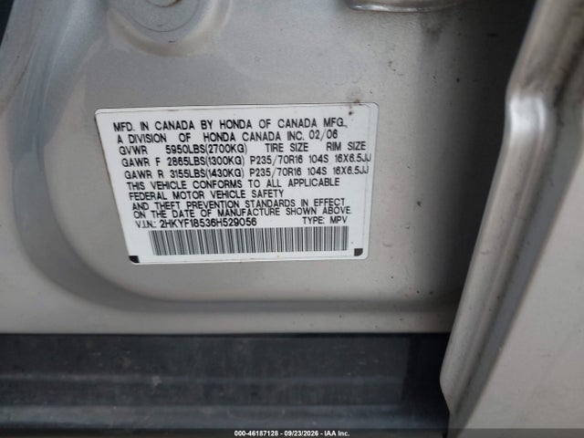 Aukcja sprzedaży 2006 Honda Pilot Ex-l, vin: 2HKYF18536H529056, numer aukcji: 46187128