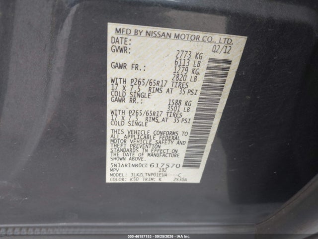 Aukcja sprzedaży 2012 Nissan Pathfinder Sv, vin: 5N1AR1NB0CC617570, numer aukcji: 46187153