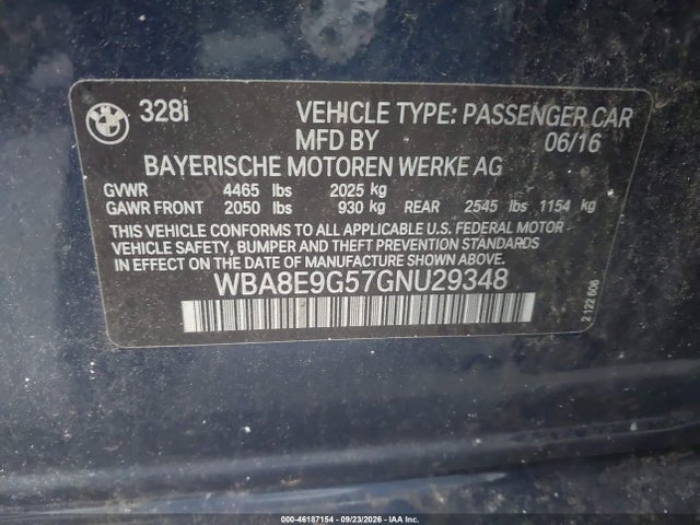 46187154 :رقم المزاد ، WBA8E9G57GNU29348 vin ، 2016 Bmw 328i مزاد بيع