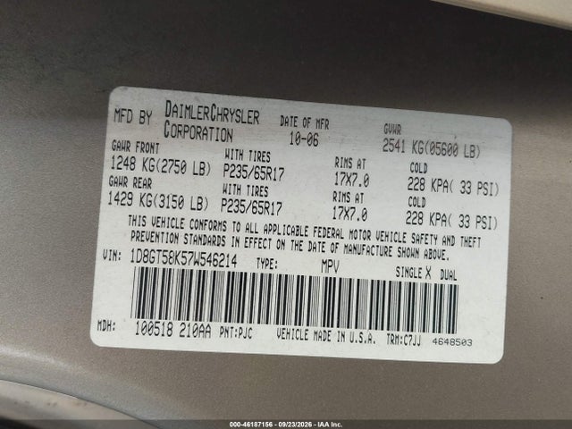 46187156 :رقم المزاد ، 1D8GT58K57W546214 vin ، 2007 Dodge Nitro Slt/rt مزاد بيع
