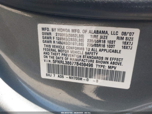 Продаж на аукціоні авто 2007 Honda Odyssey Ex-l, vin: 5FNRL38677B459496, номер лоту: 46187164