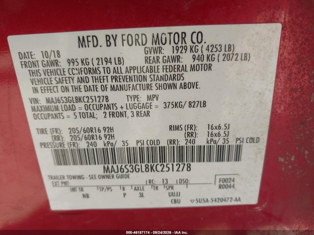 2019 Ford Ecosport Se მანქანა იყიდება აუქციონზე, vin: MAJ6S3GL8KC251278, აუქციონის ნომერი: 46187174