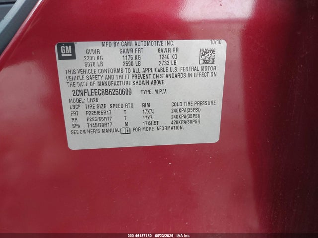 2011 Chevrolet Equinox 1lt მანქანა იყიდება აუქციონზე, vin: 2CNFLEEC8B6250609, აუქციონის ნომერი: 46187180