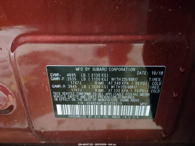 2019 Subaru Outback 2.5i მანქანა იყიდება აუქციონზე, vin: 4S4BSABC1K3256239, აუქციონის ნომერი: 46187182