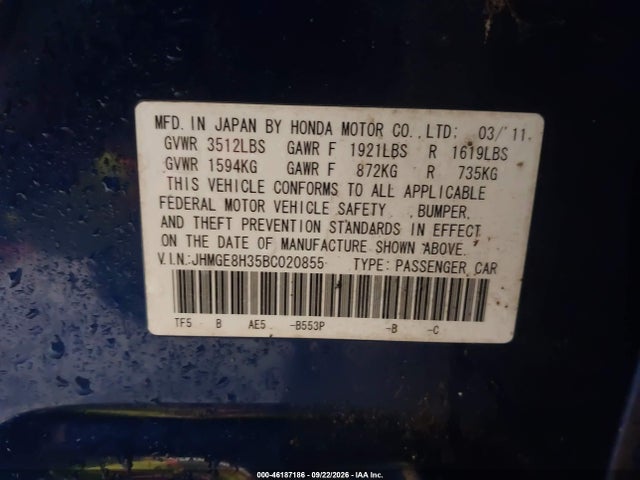 2011 Honda Fit მანქანა იყიდება აუქციონზე, vin: JHMGE8H35BC020855, აუქციონის ნომერი: 46187186