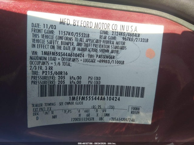 Продаж на аукціоні авто 2004 Mercury Sable Ls Premium, vin: 1MEFM55S44A610424, номер лоту: 46187198