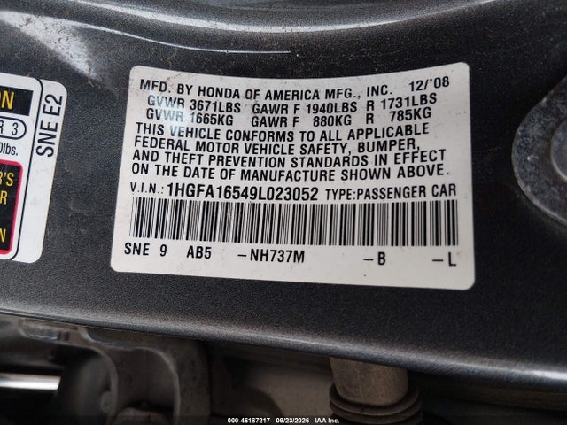 Aukcja sprzedaży 2009 Honda Civic Sdn Lx, vin: 1HGFA16549L023052, numer aukcji: 46187217