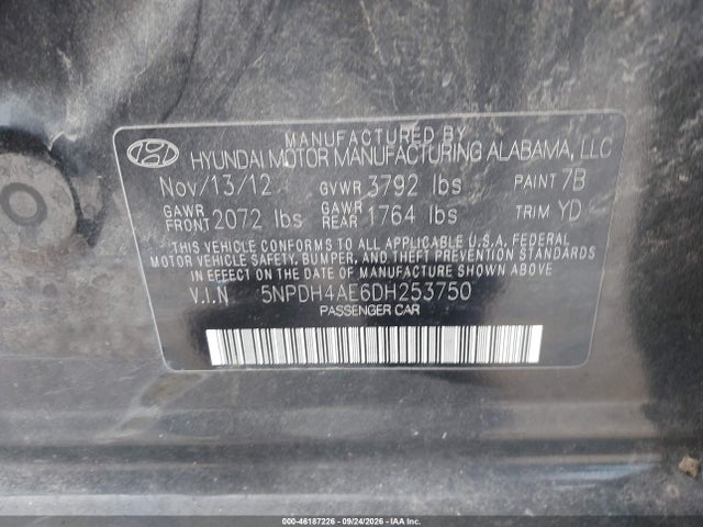 Продаж на аукціоні авто 2013 Hyundai Elantra Gls, vin: 5NPDH4AE6DH253750, номер лоту: 46187226