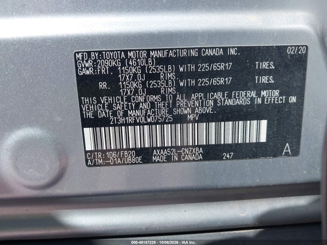 Aukcja sprzedaży 2020 Toyota Rav4 Le, vin: 2T3H1RFV0LW075725, numer aukcji: 46187228