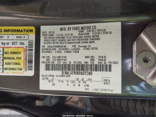Aukcja sprzedaży 2019 Lincoln Mkz Reserve Ii, vin: 3LN6L5E90KR602580, numer aukcji: 46187234