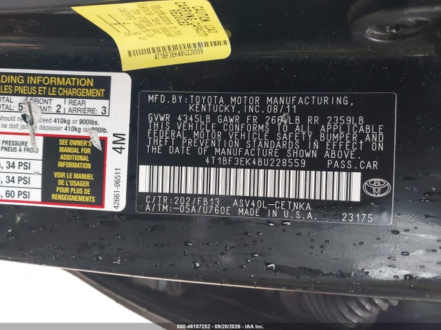 46187252 :رقم المزاد ، 4T1BF3EK4BU228559 vin ، 2011 Toyota Camry Le مزاد بيع