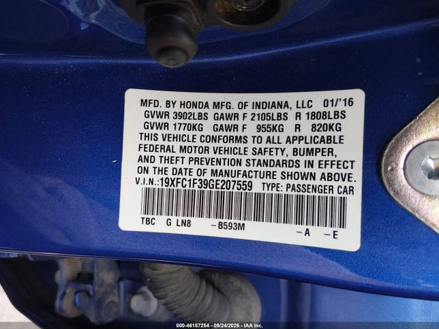 46187254 :رقم المزاد ، 19XFC1F39GE207559 vin ، 2016 Honda Civic Ex-t مزاد بيع