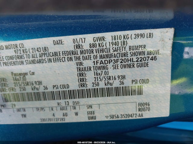46187298 :رقم المزاد ، 1FADP3F20HL220746 vin ، 2017 Ford Focus Se مزاد بيع