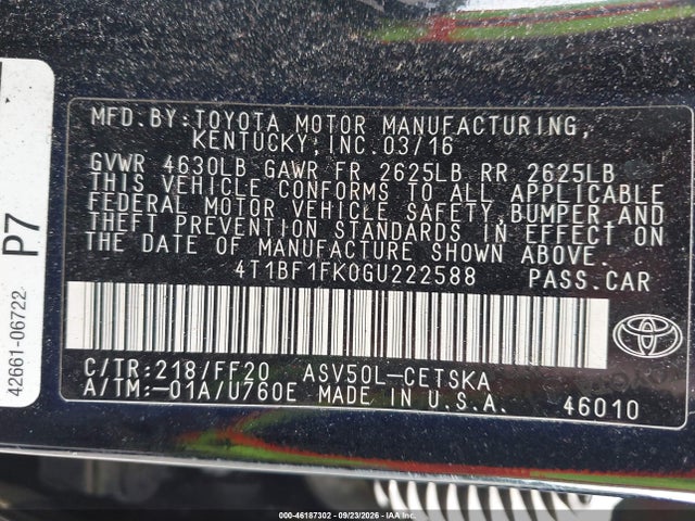 46187302 :رقم المزاد ، 4T1BF1FK0GU222588 vin ، 2016 Toyota Camry Se مزاد بيع