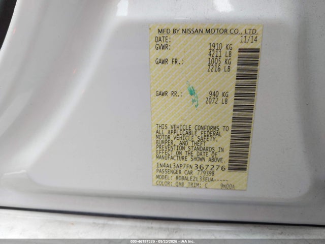 Продажа на аукционе авто 2015 Nissan Altima 2.5/2.5 S/2.5 Sl/2.5 Sv, vin: 1N4AL3AP7FN367276, номер лота: 46187329