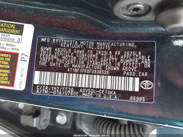 2015 Toyota Camry Se მანქანა იყიდება აუქციონზე, vin: 4T1BF1FK0FU936526, აუქციონის ნომერი: 46187365
