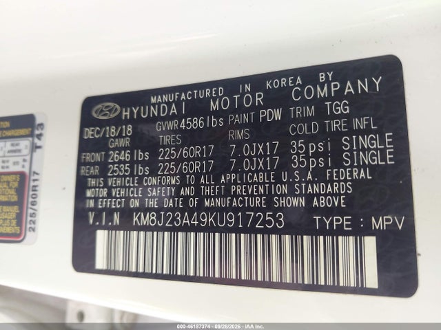2019 Hyundai Tucson Se მანქანა იყიდება აუქციონზე, vin: KM8J23A49KU917253, აუქციონის ნომერი: 46187374