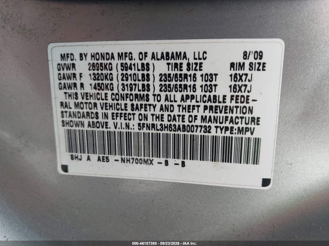 Продаж на аукціоні авто 2010 Honda Odyssey Ex-l, vin: 5FNRL3H63AB007732, номер лоту: 46187380