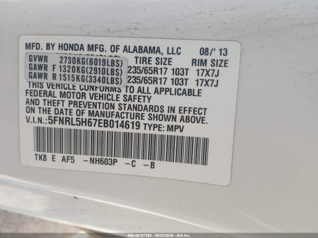 Honda Odyssey Ex-l 2014 5FNRL5H67EB014619 Image 9