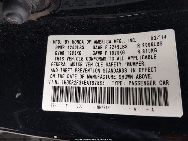 Honda ACCORD LX 2014 1HGCR2F34EA192865 Image 9