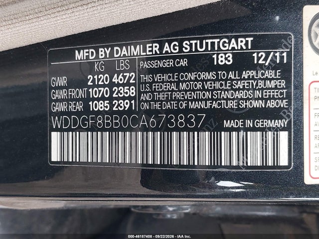 46187408 :رقم المزاد ، WDDGF8BB0CA673837 vin ، 2012 Mercedes-benz C-class C 300 Luxury مزاد بيع