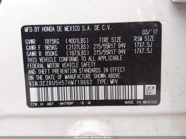 Aukcja sprzedaży 2017 Honda Hr-v Ex, vin: 3CZRU5H57HM719662, numer aukcji: 46187442