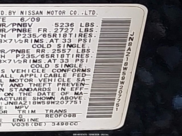 2009 Nissan Murano Sl მანქანა იყიდება აუქციონზე, vin: JN8AZ18W59W207751, აუქციონის ნომერი: 46187470