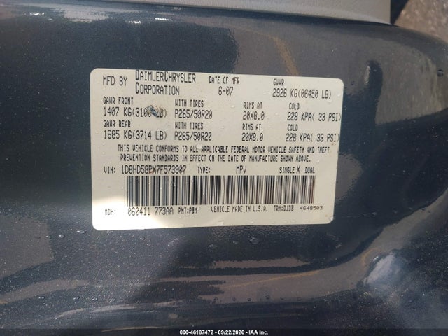 Aukcja sprzedaży 2007 Dodge Durango Limited, vin: 1D8HD58PX7F573907, numer aukcji: 46187472