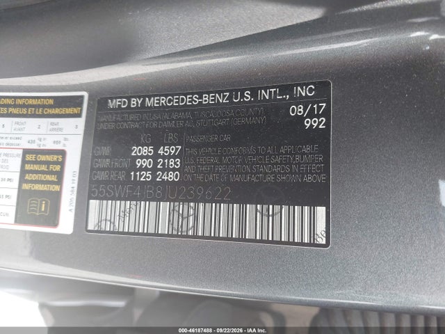 2018 Mercedes-benz C 300 მანქანა იყიდება აუქციონზე, vin: 55SWF4JB8JU239622, აუქციონის ნომერი: 46187488