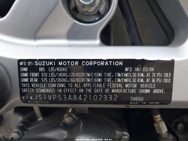 2004 Suzuki Sv650 მანქანა იყიდება აუქციონზე, vin: JS1VP53A842102332, აუქციონის ნომერი: 46187494