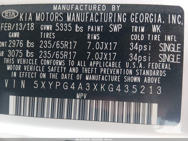 Продаж на аукціоні авто 2019 Kia Sorento 2.4l Lx, vin: 5XYPG4A3XKG435213, номер лоту: 46187529