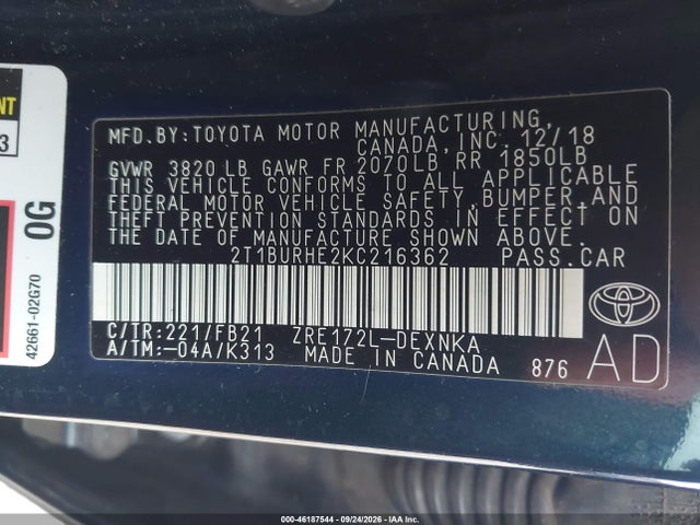 2019 Toyota Corolla Le მანქანა იყიდება აუქციონზე, vin: 2T1BURHE2KC216362, აუქციონის ნომერი: 46187544