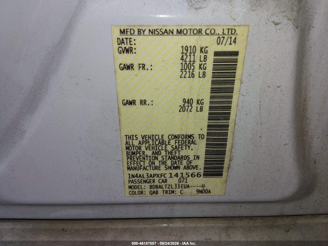46187557 :رقم المزاد ، 1N4AL3APXFC141566 vin ، 2015 Nissan Altima 2.5 Sl مزاد بيع