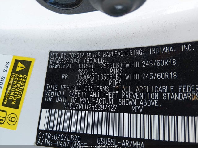 2017 Toyota Highlander Xle მანქანა იყიდება აუქციონზე, vin: 5TDJZRFH2HS392127, აუქციონის ნომერი: 46187558