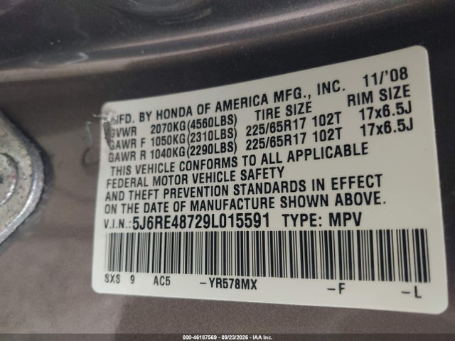 2009 Honda Cr-v Ex-l მანქანა იყიდება აუქციონზე, vin: 5J6RE48729L015591, აუქციონის ნომერი: 46187569