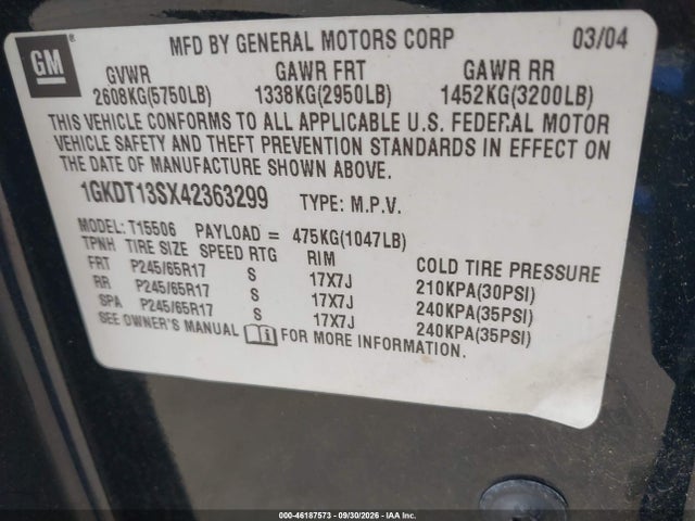 46187573 :رقم المزاد ، 1GKDT13SX42363299 vin ، 2004 Gmc Envoy Sle مزاد بيع